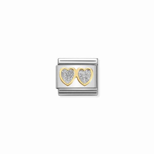 Composable Classic GLITTER SYMBOLS in steel, enamel and 18k gold Double SILVER hearts