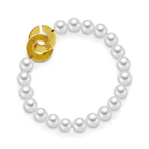 Armbånd i ferskvannsperler 8-9 mm perler med gult gull lås