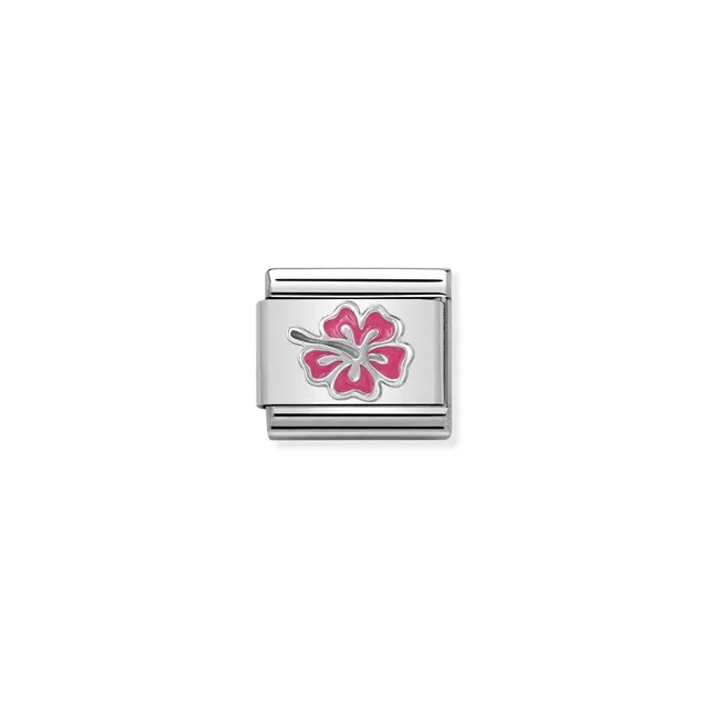 Charm, Composable Link, pink Hibiscus in Silver