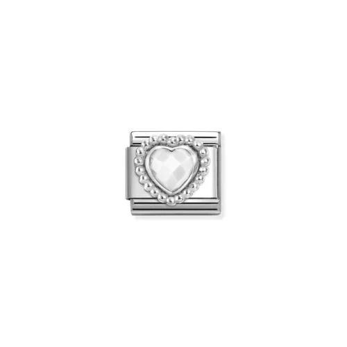 Charm, Composable Link, Faceted White Heart,Beaded