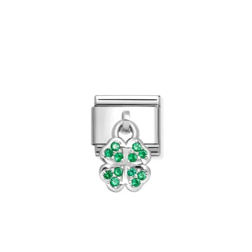 Charm, Composable Link, Pendant Four-leaf Clover, Green stones