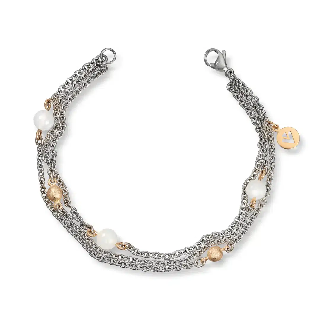 Van Bergen - Golden Armbånd i stål 3 rader med Hvit månesten og gullkuler