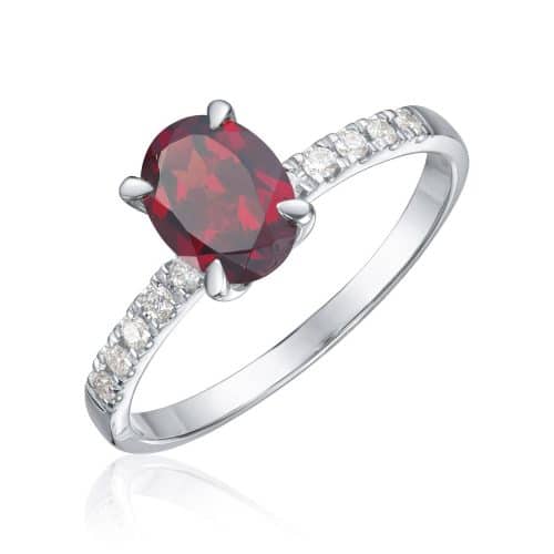 Ring Olivia i hvitt gull med 0,12ct WSI og granat oval midtstein