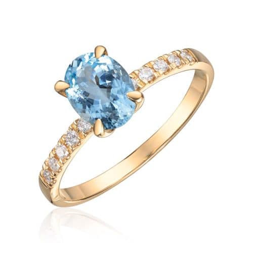 Ring Olivia i gult gull med 0,12ct WSI og akvamarin oval midtstein