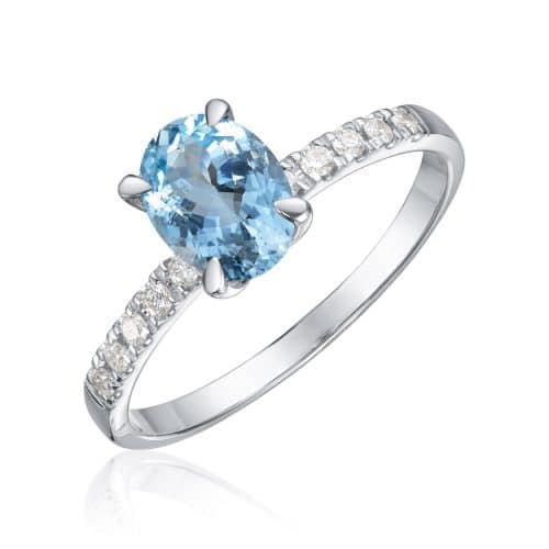 Ring Olivia i hvitt gull med 0,12ct WSI og akvamarin oval midtstein