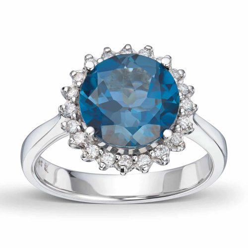 Alternative view of Hvitt gull rosett ring med London blue Topas og diamanter