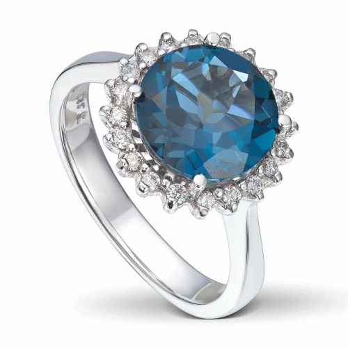 Hvitt gull rosett ring med London blue Topas og diamanter
