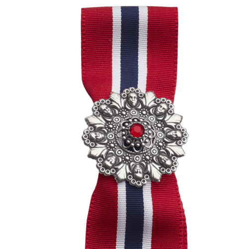 17.mai-sløyfepin 2-i-1 med raud stein, oksidert