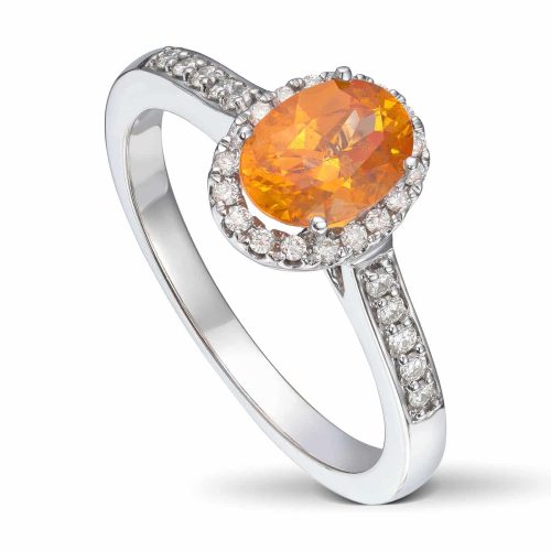 Hvitt gull ring med Orange Granat og diamanter