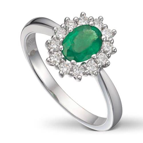 Hvitt gull rosett ring med Smaragd og diamanter 0,24ct