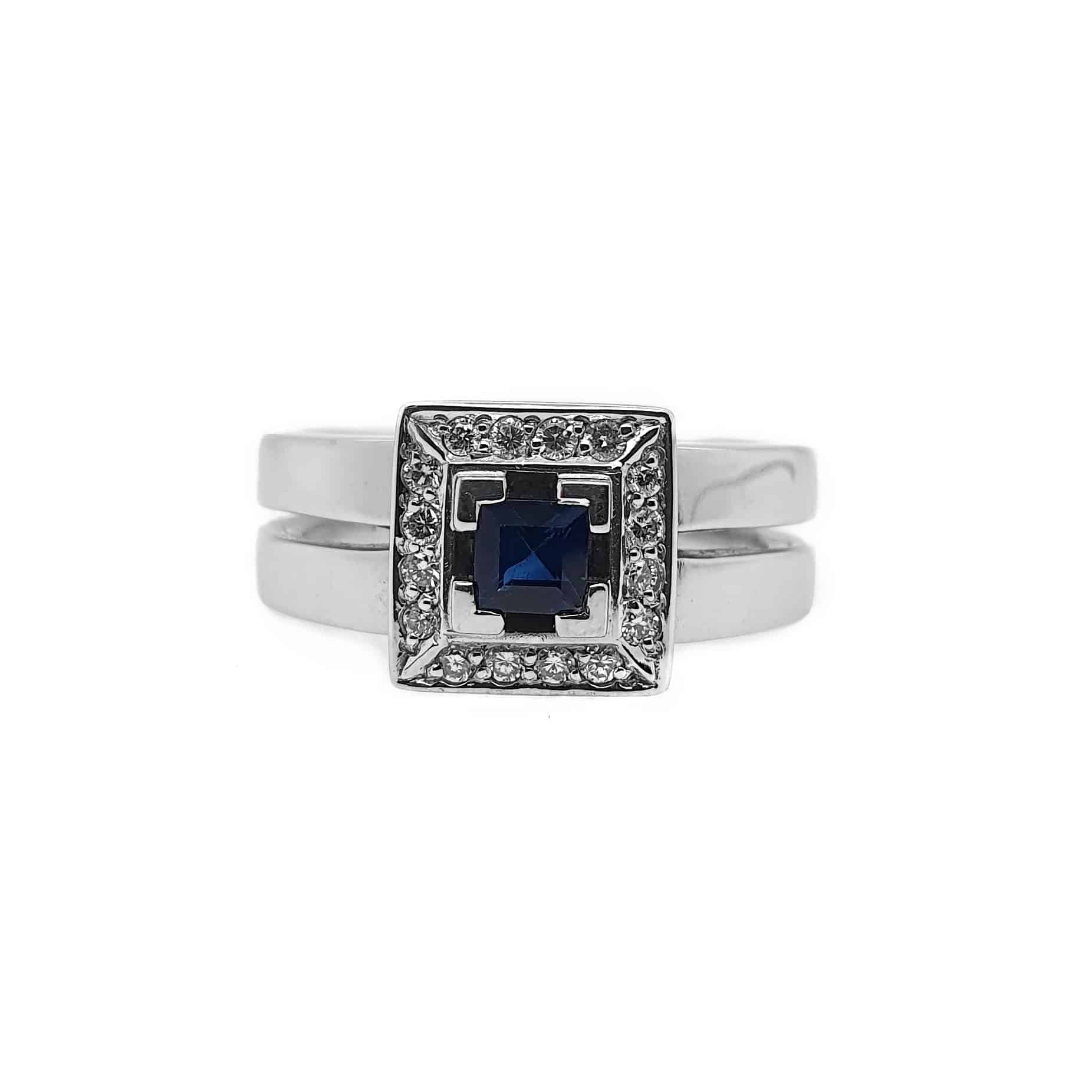 Hvittgull ring med safir og diamant