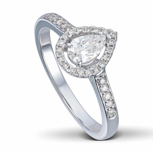 Hvitt gull ring med dråpeslipt diamant og brillianter