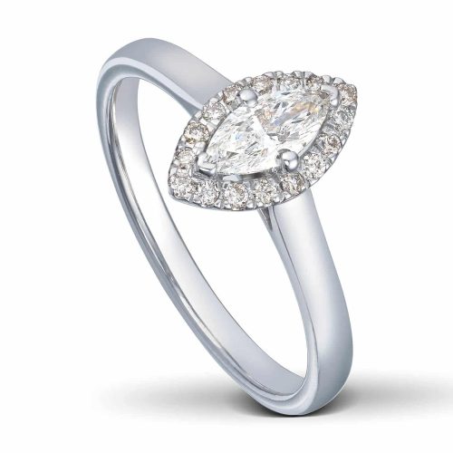 Hvitt gull ring med navetteslipt diamant og brillianter