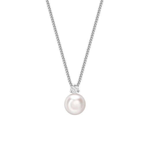 Hvitt gull kjede med anheng 8,0-8,5 mm. AKOYA perle, og 1 stk. diamant 0,10 ct.