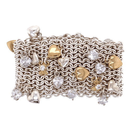 Strikkearmbånd med gull, sølv og cz hjerter